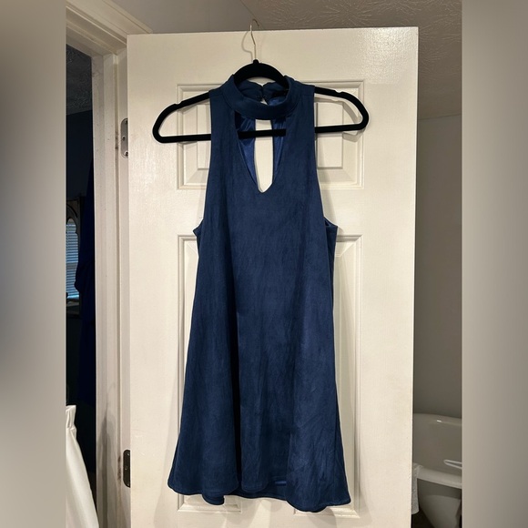 Navy Faux Suede Choker Mini Dress - Picture 1 of 5